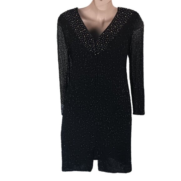 Beaded Drama Special Occasion Womens Dress Size 16 Black Long Sleeve - Picture 5 of 8